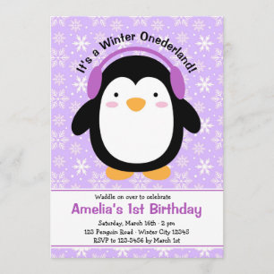 Lila Penguin Birthday Invations (Flickor) Inbjudningar