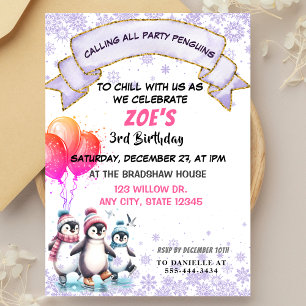 Lila Penguins Ice-skating Birthday Call Inbjudningar