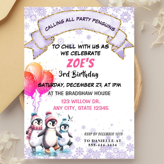 Lila Penguins Ice-skating Birthday Call Inbjudningar (Skapare uppladdad)