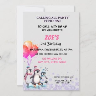 Lila Penguins Ice-skating Birthday Call Inbjudningar