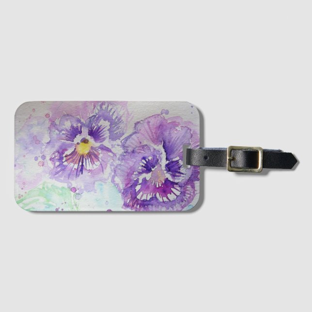 Lila pensé blomma blomster vattenfärg bagagetikett bagagebricka (Framsida horisontal)