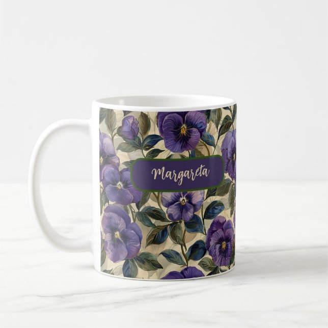 Lila pensé blomsterblomma  kaffemugg (Vänster)