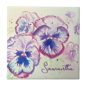 Lila pensé vattenfärg blomkonst design kakelplatta