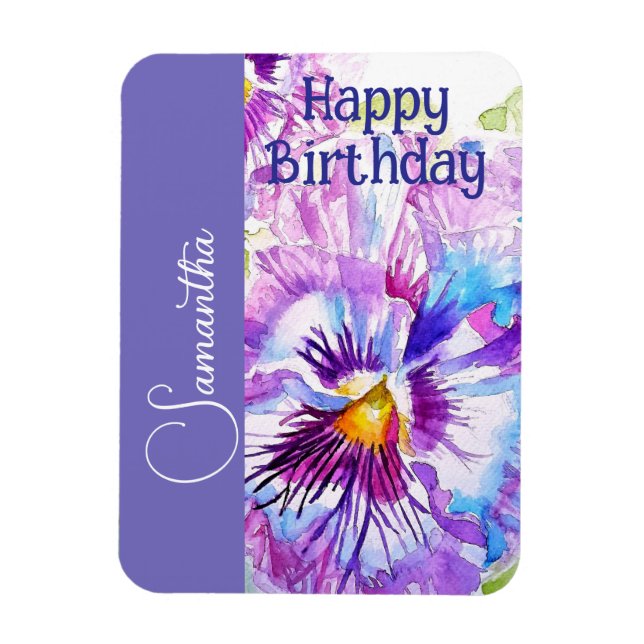 Lila pensé vattenfärg blommiga flickors namn födel magnet (Vertikal)