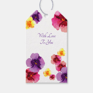 Lila penséer Handillustrerad vårblomma Presentetikett