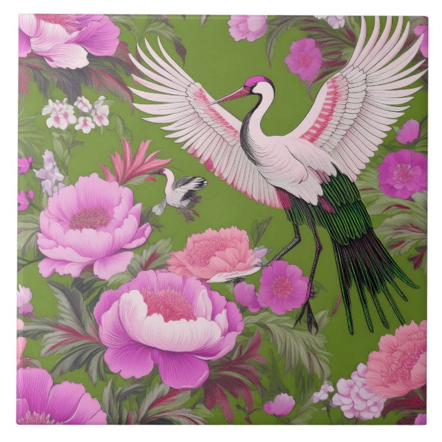 Lila peonie & Crane on Oliv grönt Chinoiserie Kakelplatta (Framsidan)