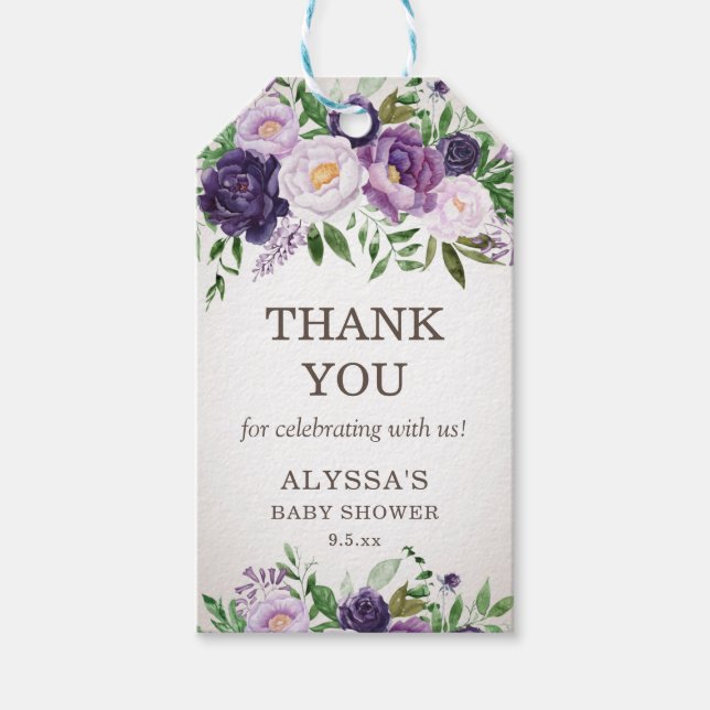 Lila Peonies Blommig Babyflicka Shower Tack Presentetikett (Framsidan)