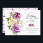 Lila Peonies Blommigt födelsedag  Inbjudningar<br><div class="desc">Blommigt födelsedagsfest inbjudan med gorgfärgade handmålade lila- och krämpeonier och bladfärgade grönt-löv.  Vänd över inbjudan för att se en koordinerande vattenfärgsfjäder för lila för en speciellare beröring för extra.</div>
