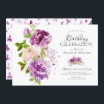 Lila Peonies Blommigt födelsedag  Inbjudningar<br><div class="desc">Blommigt födelsedagsfest inbjudan med gorgfärgade handmålade lila- och krämpeonier och bladfärgade grönt-löv.  Vänd över inbjudan för att se en koordinerande vattenfärgsfjäder för lila för en speciellare beröring för extra.</div>