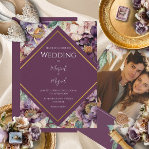 Lila Peonies Blommigt Photo Modern Bröllop Inbjudningar