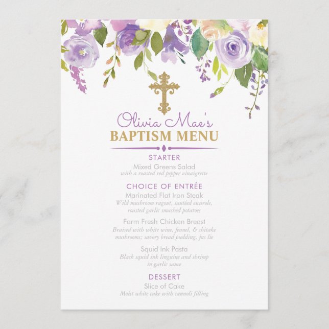 Lila Peonies Girl Baptism Anpassningsbar 5x7 Event Meny (Framsida)