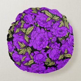 Lila Peonies med Guld Löv Rund Kudde