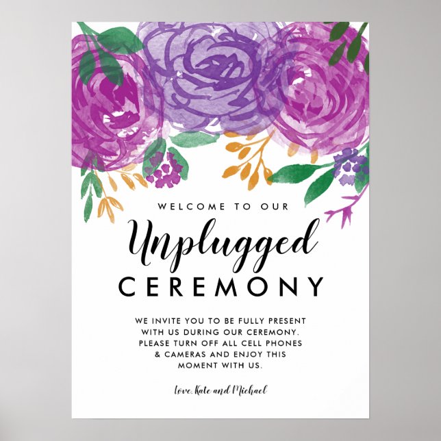 Lila Peonies Unplugged Bröllop Ceremony Sign Poster (Framsidan)