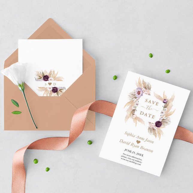 Lila Peonies White Orchid Pampas Grass Bröllop Spara Datumet (pampas purple floral wedding save the date trendy modern)