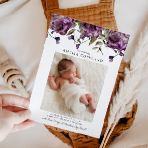Lila Peony Baby Photo Birth Announcement Meddelande