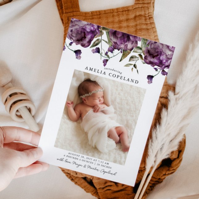 Lila Peony Baby Photo Birth Announcement Meddelande (Skapare uppladdad)