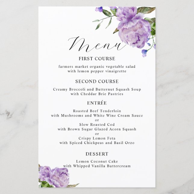 Lila Peony Flower Bröllop Dinner Menu (Framsida)