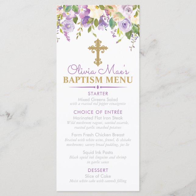 Lila Peony Girl Baptism Anpassningsbar Event Meny (Framsida)