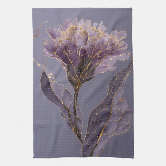 Lila Peony Inspirerad Blommig Med Guldaccent Kökshandduk (Vertikal)