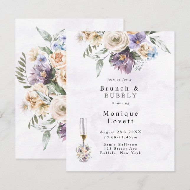 Lila Peony WildblommBrunch och Bubly Inbjudningar (Fram/baksida)