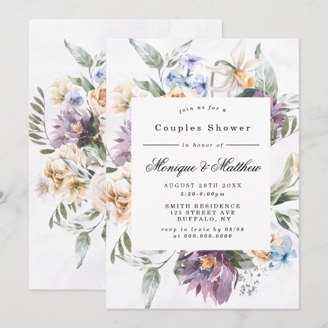 Lila Peony Wildblommes Par Shower Inbjudningskorts (Fram/baksida)