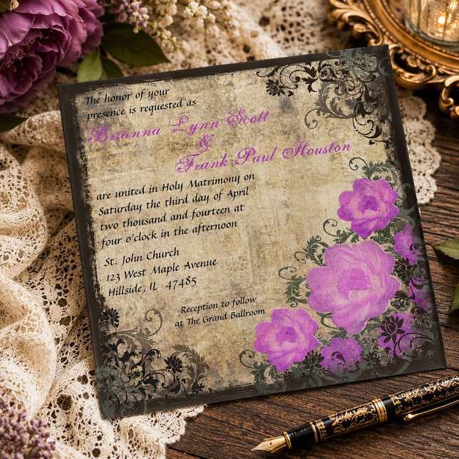 Lila Peonys Blommiga Vintage Bröllop  Inbjudningar (Purple Peonies Floral Vintage Wedding Invitation)