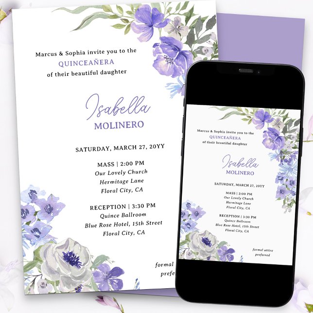 Lila Peri Blommigt Elegant Quinceanera och Mass Inbjudningar (Purple floral quinceanera invitation)
