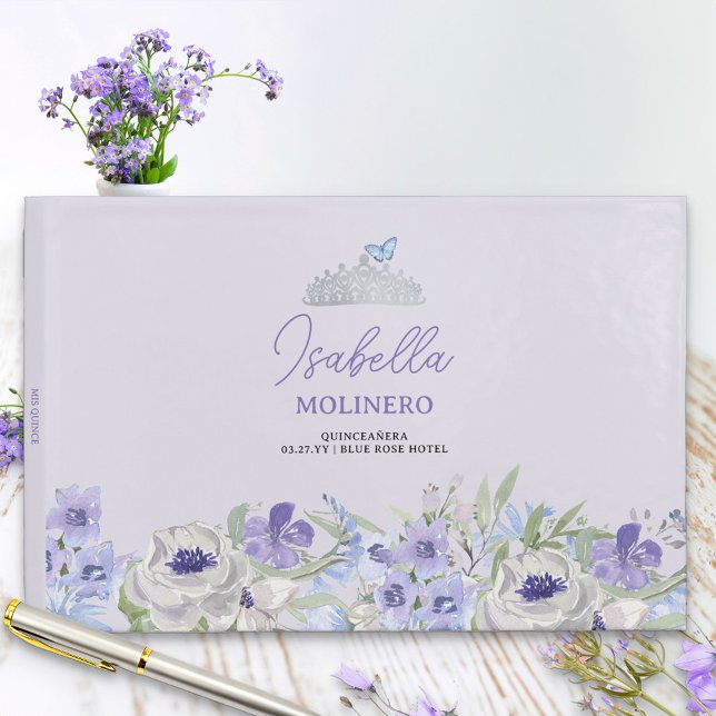 Lila Peri Blommigt Quinceanera-mottagning Gästböcker (Guest book with pretty border of purple lilac and blue flowers to personalize for any girly occasion)