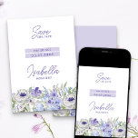 Lila Peri Girly Blommigt Mis Quince Spara Datumet<br><div class="desc">Quinceanera Spara datumkortet (eller redigera det till kostym i andra tillfälle). Vattenfärgsdesign med blommor i nyanser av lila lilac lavender blue. Elegant modern ordalydelse och giftig,  mejerivibe. Bläddra i min Lila Peri-Blommigt för att koordinera stationär och händelsemedjare eller meddela mig om du vill skapa de mallar du behöver.</div>
