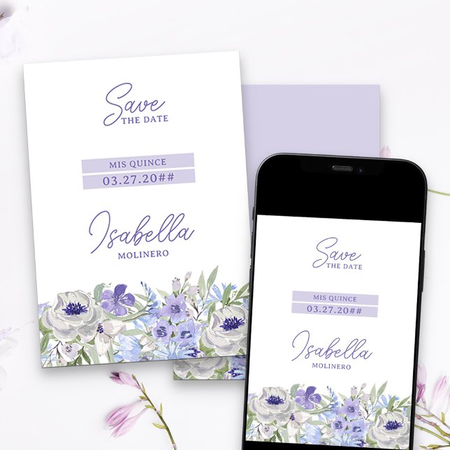 Lila Peri Girly Blommigt Mis Quince Spara Datumet (Purple floral Save the Date with modern color blocks)