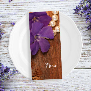 Lila Periwinkle Barn Wood Landsbyggsbröllop Menu Meny