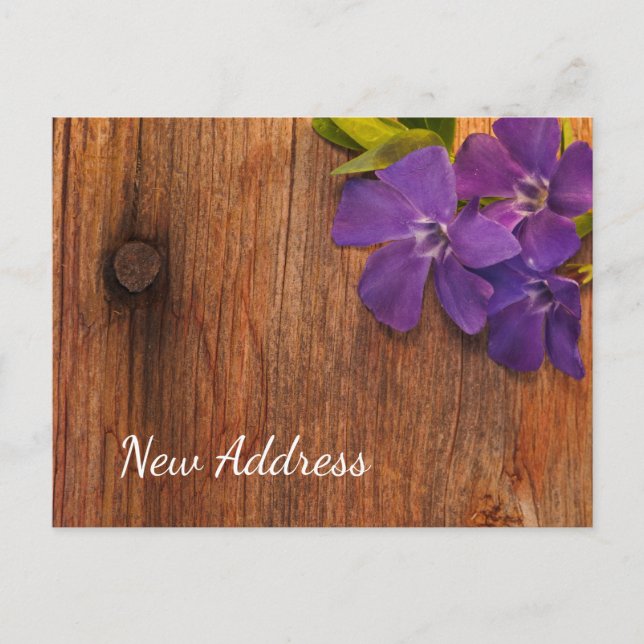 Lila Periwinkle Flowers Barn Wood Ny adress Meddelande Vykort (Framsida)