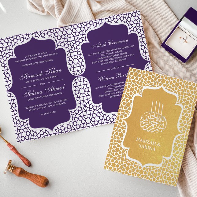 Lila Persian Gold Foil Muslim Bröllopinbjudan Folierat Kort (Skapare uppladdad)
