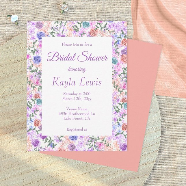 Lila, Persika, Ljusblå Rosor Bröllopsfest Inbjudningar (purple wedding bridal shower invitation with lilac and peach rose border)