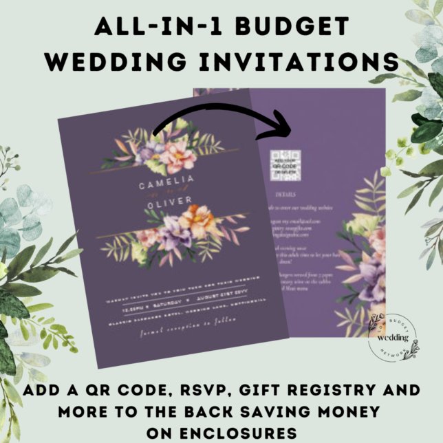 Lila Persika Sommar Blommig Bröllopsinbjudan QR-ko (Skapare uppladdad)