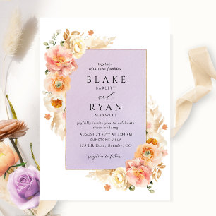 Lila, persiko- och  Blommigten och Cream Chic Bröl Inbjudningar