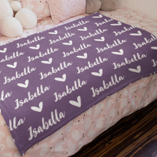 Lila Personlig Namn Blanket med hjärter Fleecefilt