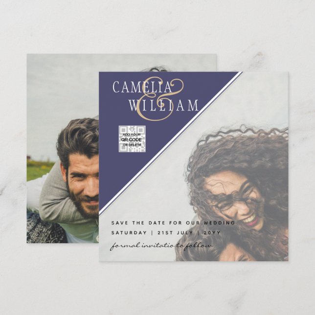 Lila PHOTO-bröllopsinbjudan QR CODE OSA Blue (Fram/baksida)