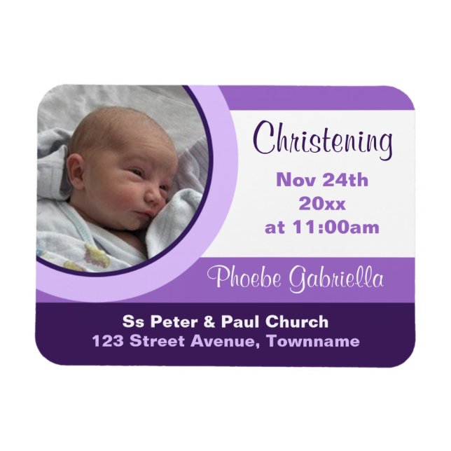Lila Photo Christening/Baptism Magnet-inbjudan Magnet (Horisontell)