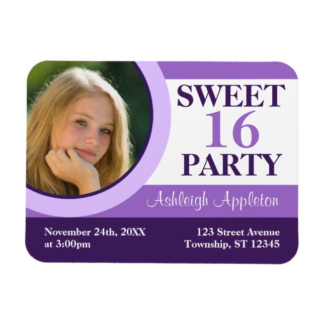 Lila Photo Sweet 16-parts inbjudan till plattmagne Magnet (Horisontell)