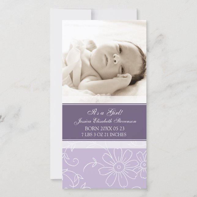 Lila Photo Template Nyfödd bebis Birth Notice Meddelande (Framsida)