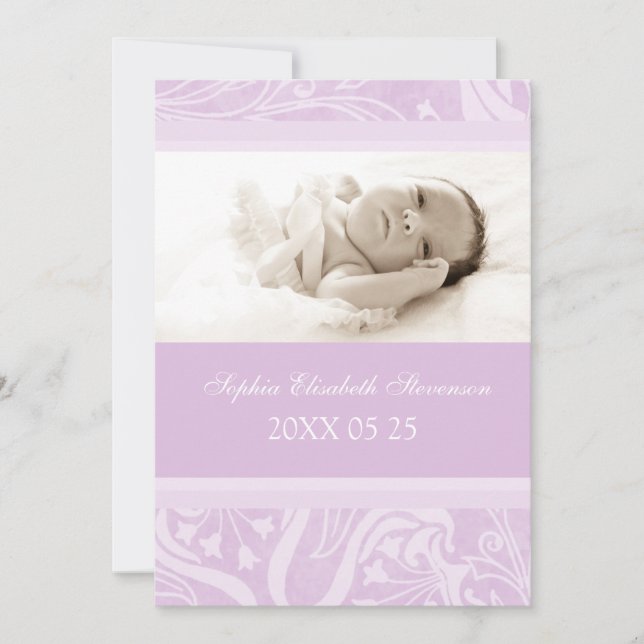 Lila Photo Template Nyfödd bebis Birth Notice Meddelande (Framsida)