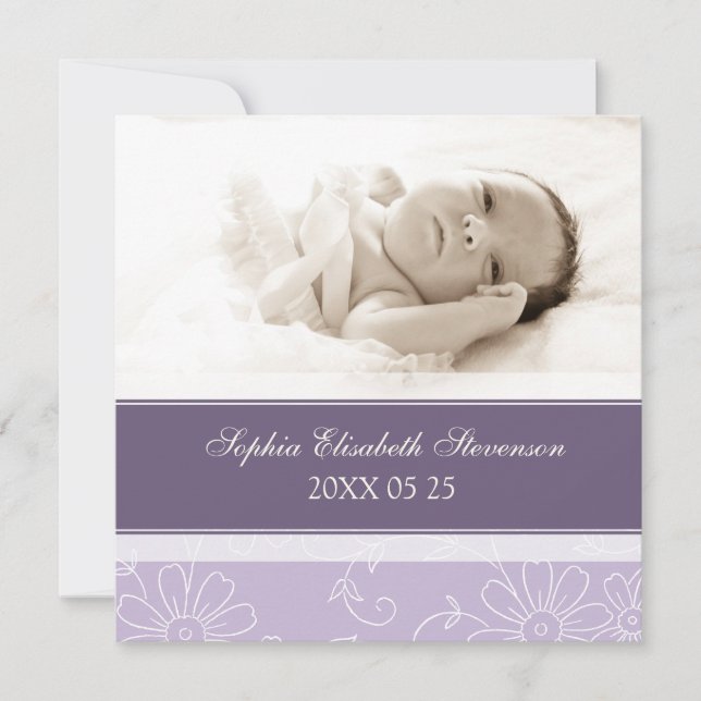 Lila Photo Template Nyfödd bebis Birth Notice Meddelande (Framsida)