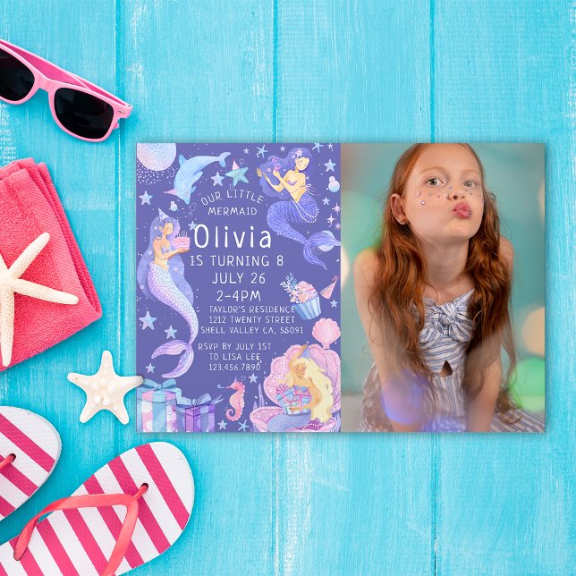 Lila Photo Vår lilla Sjöjungfru hela födelsedagen Inbjudningar (Skapare uppladdad)