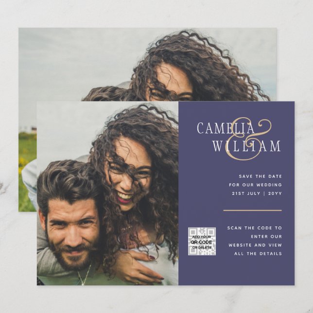 Lila PHOTO WEDDING-inbjudan QR-koddatum Spara Inbjudningar (Fram/baksida)
