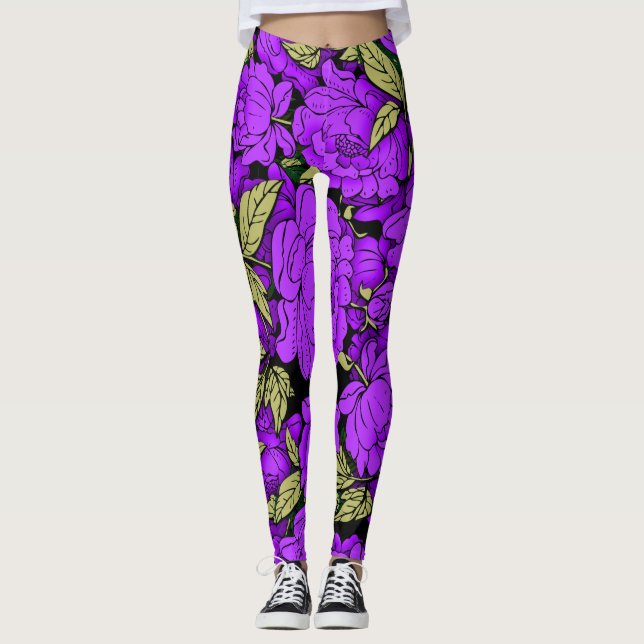Lila Pioner med Guldblad Leggings (Framsida)