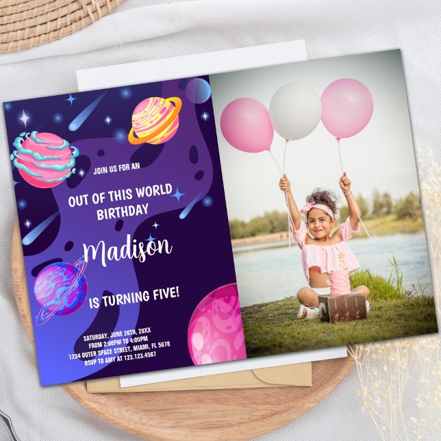 Lila Planets Rymden Birthday Investigation ph Inbjudningar (Purple Planets Outer Space Birthday Invitations ph)