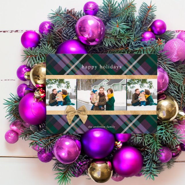 Lila Play Gift Wrapped & Guld Bow - foto Julkort (Purple Plaid Gift Wrapped & Gold Bow Present Photo Holiday Card)