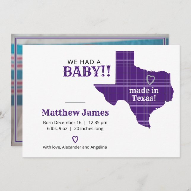 Lila Play Made in Texas Vågrät Photo Meddelande (Fram/baksida)