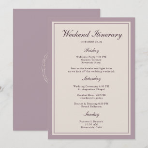 Lila Plommon Bröllopshelgs Itinerary Card Inbjudningar